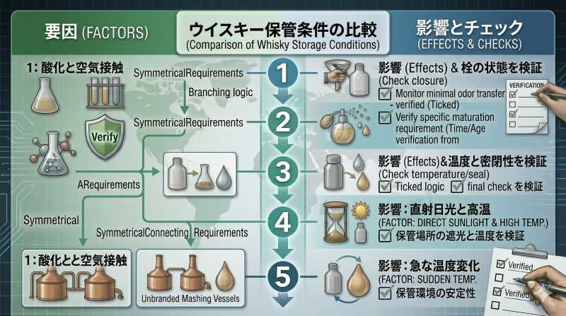 ウイスキーの状態変化に酸化、空気接触、揮発、光、高温、温度変化が関係することを示す図解風イメージ