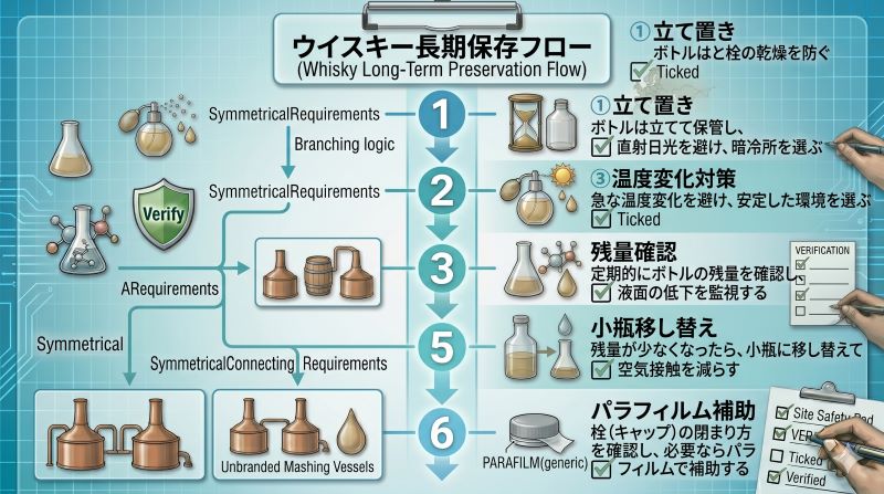 ウイスキー長期保存で立て置き、暗所、温度変化対策、残量確認、小瓶移し替え、パラフィルム補助を示すフロー図風イメージ