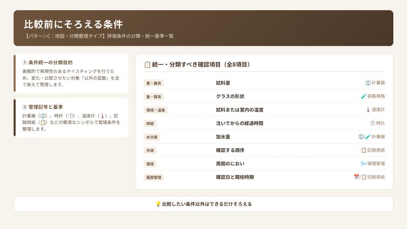 ウイスキーテイスティングでそろえる試料量・グラス・温度・経過時間・加水量・確認環境のチェックリスト