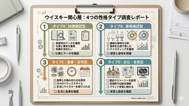 ウイスキーに関心を持つ人の知識確認型、香味確認型、食事日常型、文化背景型の4つの傾向を示す資料風イメージ