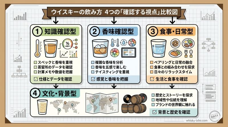 ウイスキーのストレート、ロック、水割り、ハイボールを香り、口当たり、食事との合わせ方、純アルコール量の確認点で整理した比較図風イメージ