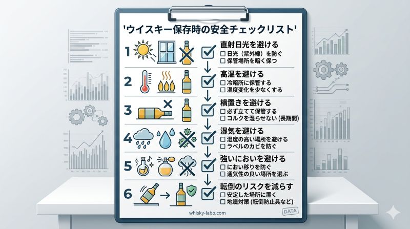 ウイスキー保存で確認したい直射日光、高温、温度変化、横置き、強いにおいを示すチェックリスト風イメージ