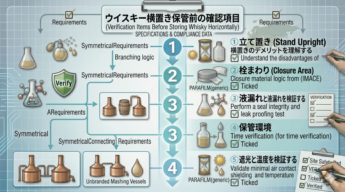 ウイスキー横置き保管で確認したい立て置きと栓まわりの注意点を示す資料風イメージ