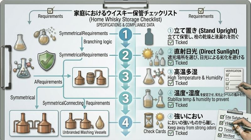 ワインとウイスキーの保管方法の違いを、アルコール度数と保管目的の観点で比較した資料風イメージ