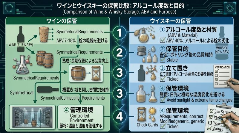 ウイスキーのコルク栓やキャップ周辺で確認したい液漏れ、べたつき、ラベルや箱のシミを示すチェックリスト風イメージ