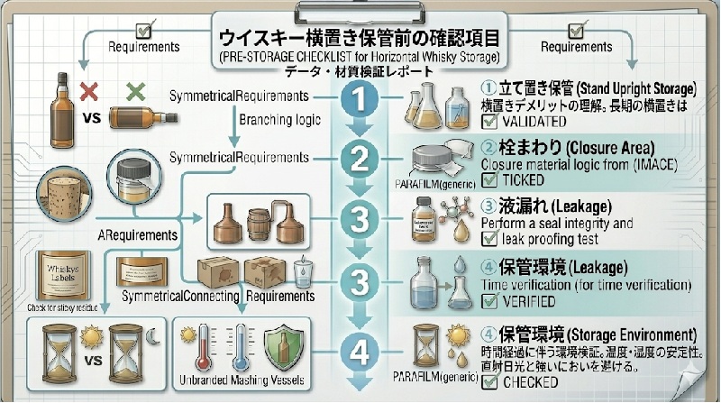 ウイスキーを発送するときに確認したい緩衝材、液漏れ対策、箱内固定、配送ルールを示す梱包チェック図