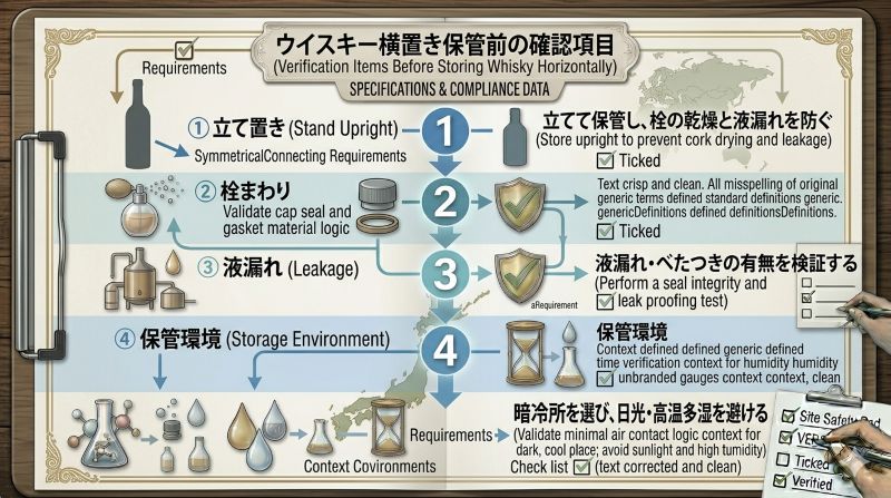 ウイスキーを横置きで保管する前に確認したい立て置き、栓まわり、液漏れ、保管環境を示す資料風イメージ