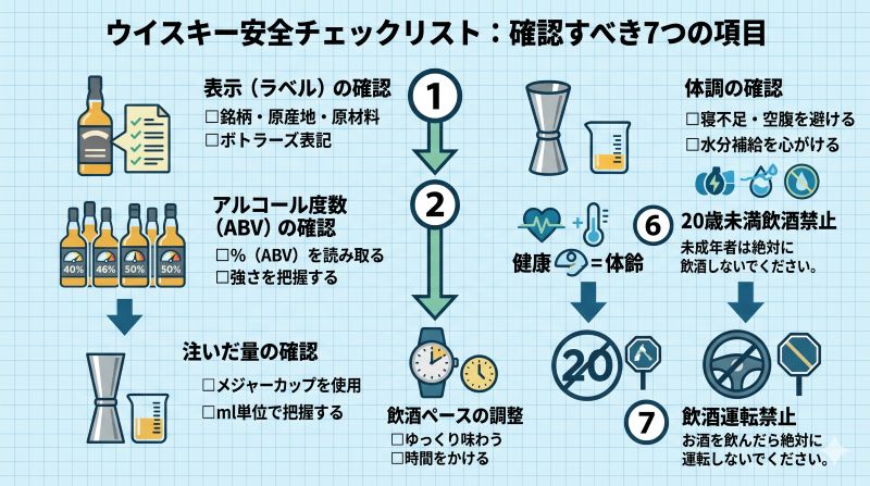ウイスキーを確認するときの表示、度数、量、ペース、体調、年齢確認、飲酒運転防止を示す安全チェックリスト風イメージ