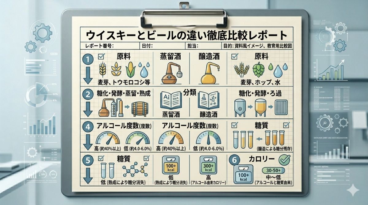 ウイスキーとビールの違いを原料、製法、分類、度数、糖質、カロリーで比較する資料風イメージ