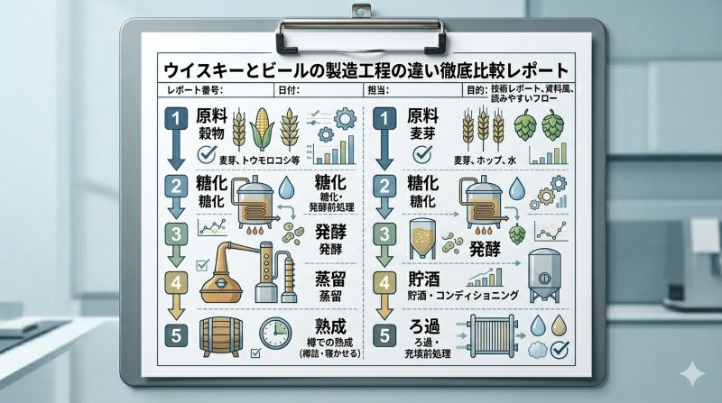ウイスキーとビールの製造工程の違いを糖化、発酵、蒸留、熟成、貯酒で比較したフロー図