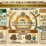 ウイスキーとテキーラの原料、製造地、製法、熟成分類、ラベル表示の違いを整理した比較資料風イメージ