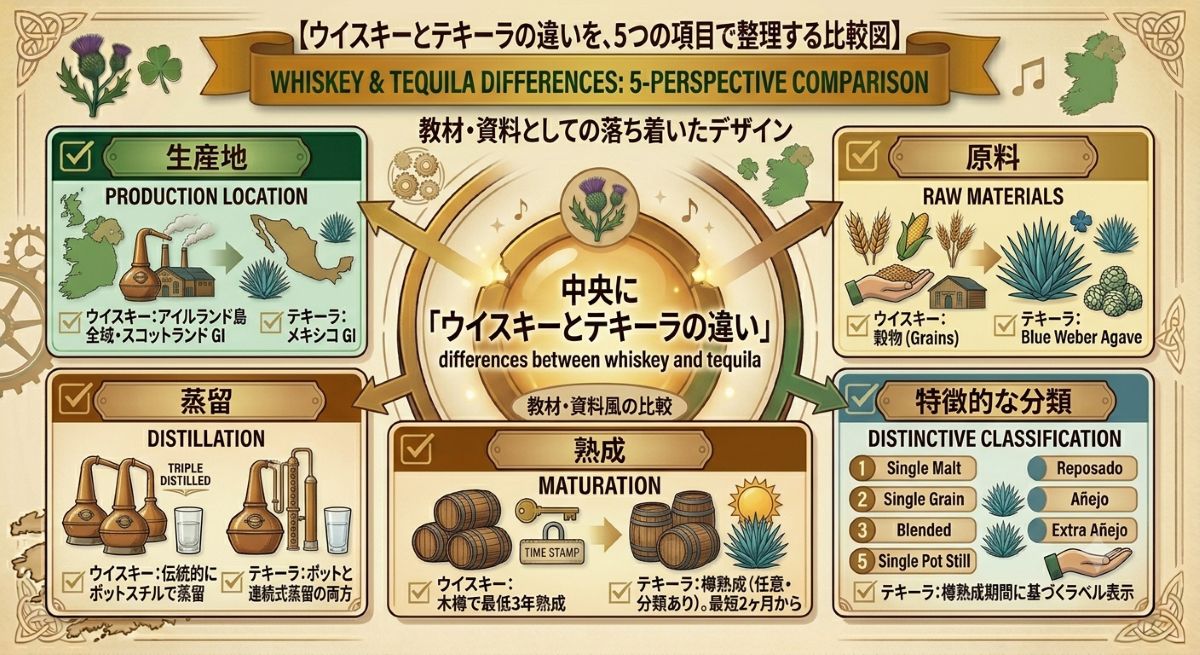 ウイスキーとテキーラの原料、製造地、製法、熟成分類、ラベル表示の違いを整理した比較資料風イメージ