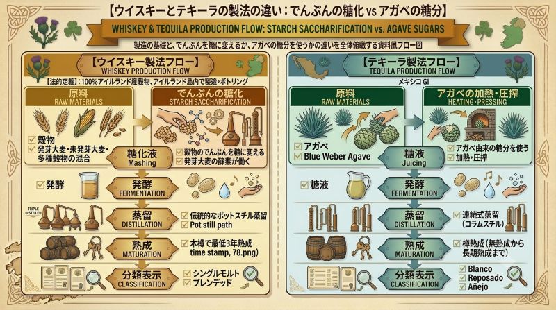 ウイスキーの糖化工程とテキーラのアガベ加熱工程を比較し、発酵と蒸留までの流れを示した製法フロー図