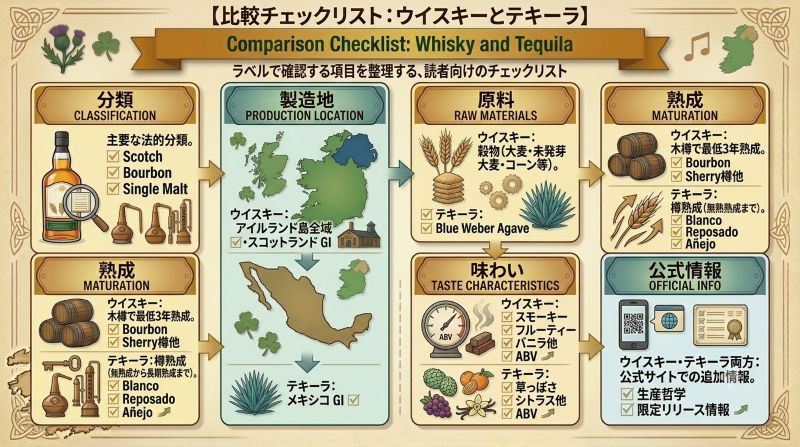 ウイスキーとテキーラのラベルで確認したい分類表示、原料表示、製造地、熟成表示、ABV、公式情報を示すチェックリスト風イメージ