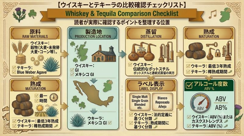 ウイスキーとテキーラを比較するときに確認したい原料、製造地、製法、熟成分類、ラベル表示、ABVを整理したチェックリスト風イメージ