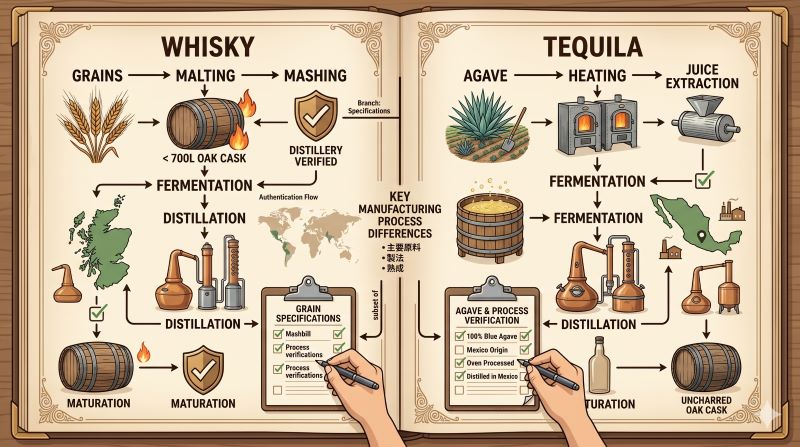Scotch、Bourbon、Irish、Tequila、100% Agave、Blanco、Reposado、Añejo、ABVを確認するチェックリスト風イメージ