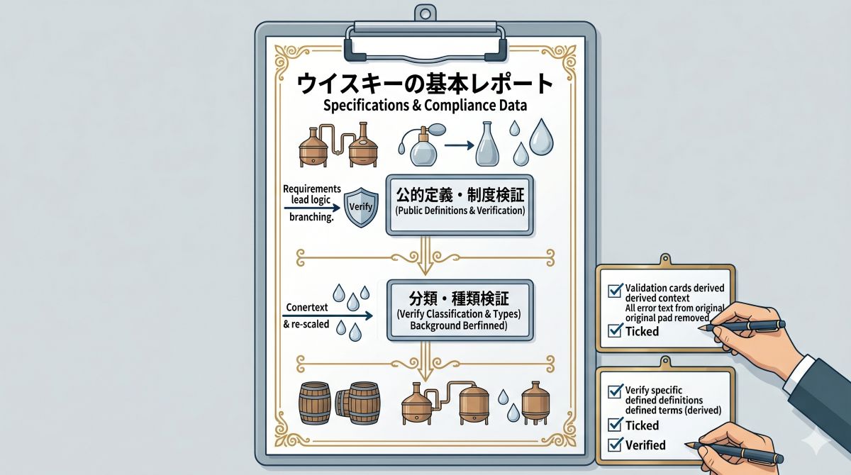 ウイスキーの基本として、種類、原料、表示、安全面の確認ポイントを整理した資料風イメージ
