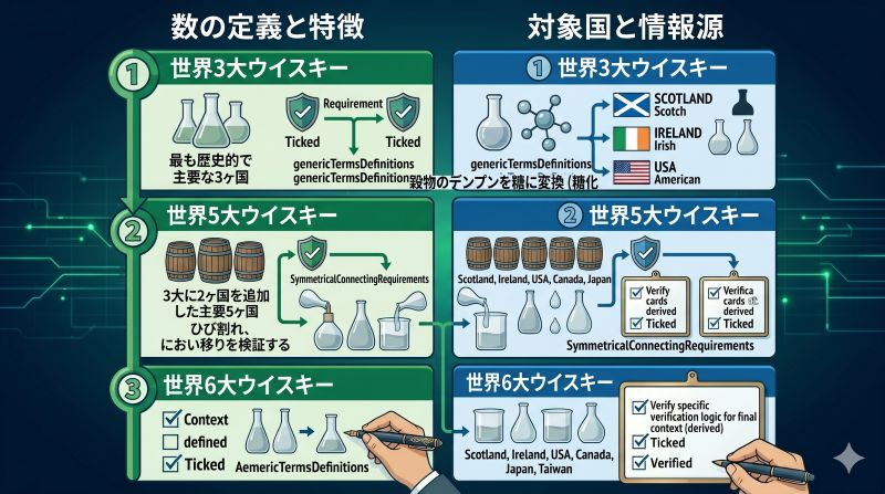 モルトウイスキー、グレーンウイスキー、ブレンデッドウイスキーの原料と構成の違いを整理した比較図