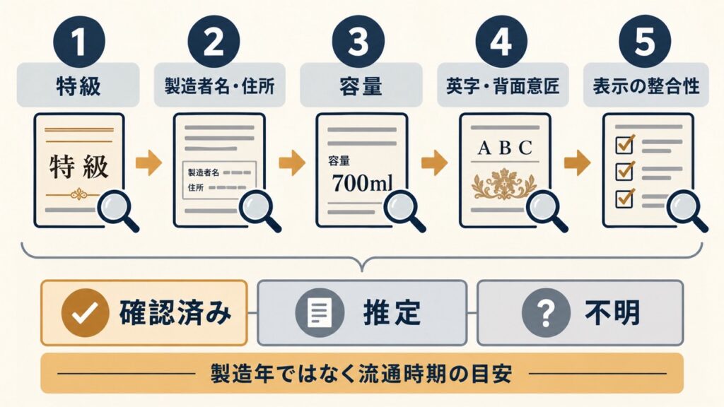 特級、製造者名・住所、容量、英字・背面意匠、表示の整合性を順番に確認する図