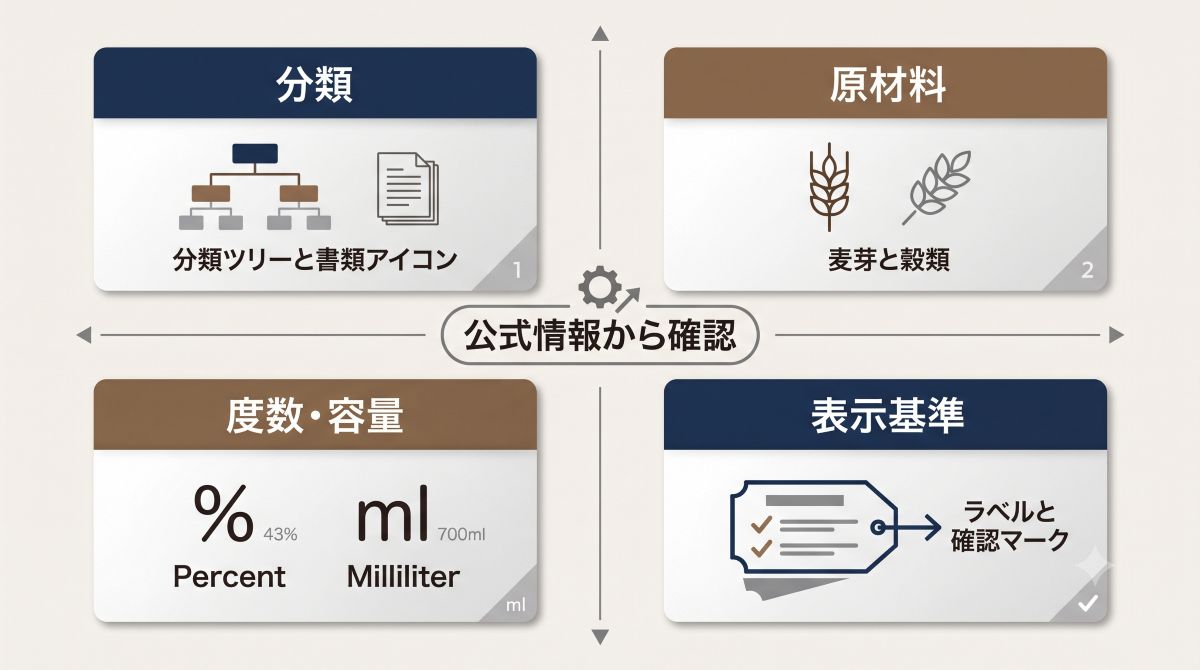 ウイスキーの分類、原材料、アルコール度数、容量、表示基準を公式情報から確認する資料風イメージ