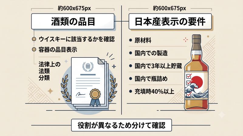 酒税法上のウイスキーの品目とジャパニーズウイスキーの自主的な表示基準の役割を左右で比較した図