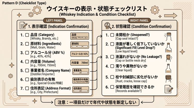 ウイスキーの品目、原材料、度数、容量、級別表示と未開栓ボトルの保存状態を確認するチェックリスト
