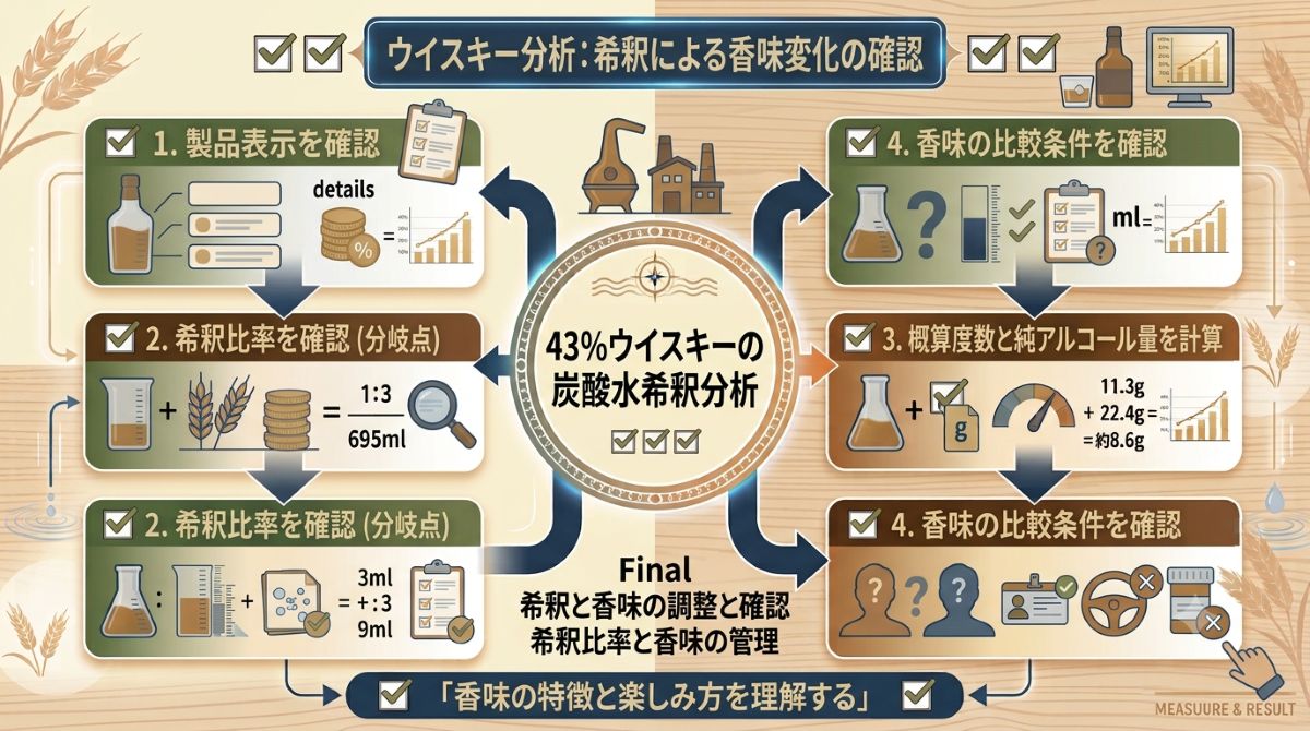 アルコール度数43%のウイスキーを炭酸水で割る場合の比率、概算度数、純アルコール量、比較条件を示す図
