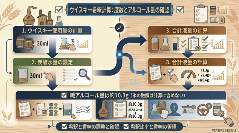 43%のウイスキー30mlを1対3、1対4、1対5で希釈した場合の合計液量と概算度数を示す計算図