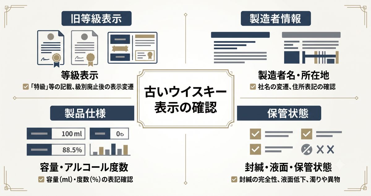 古いウイスキーの等級表示、製造者名、容量、アルコール度数、保管状態を整理した資料風イメージ