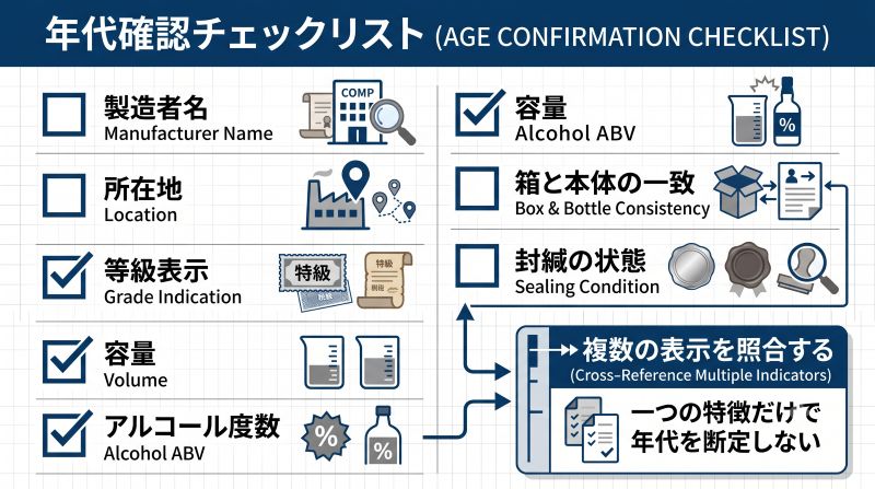 古いウイスキーの製造者名、所在地、等級、容量、度数、箱、封緘を確認するチェックリスト風イメージ
