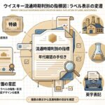 ウイスキーの年代を確認する特級表示、製造者住所、容量、英字表記、背面意匠を整理した資料風イメージ