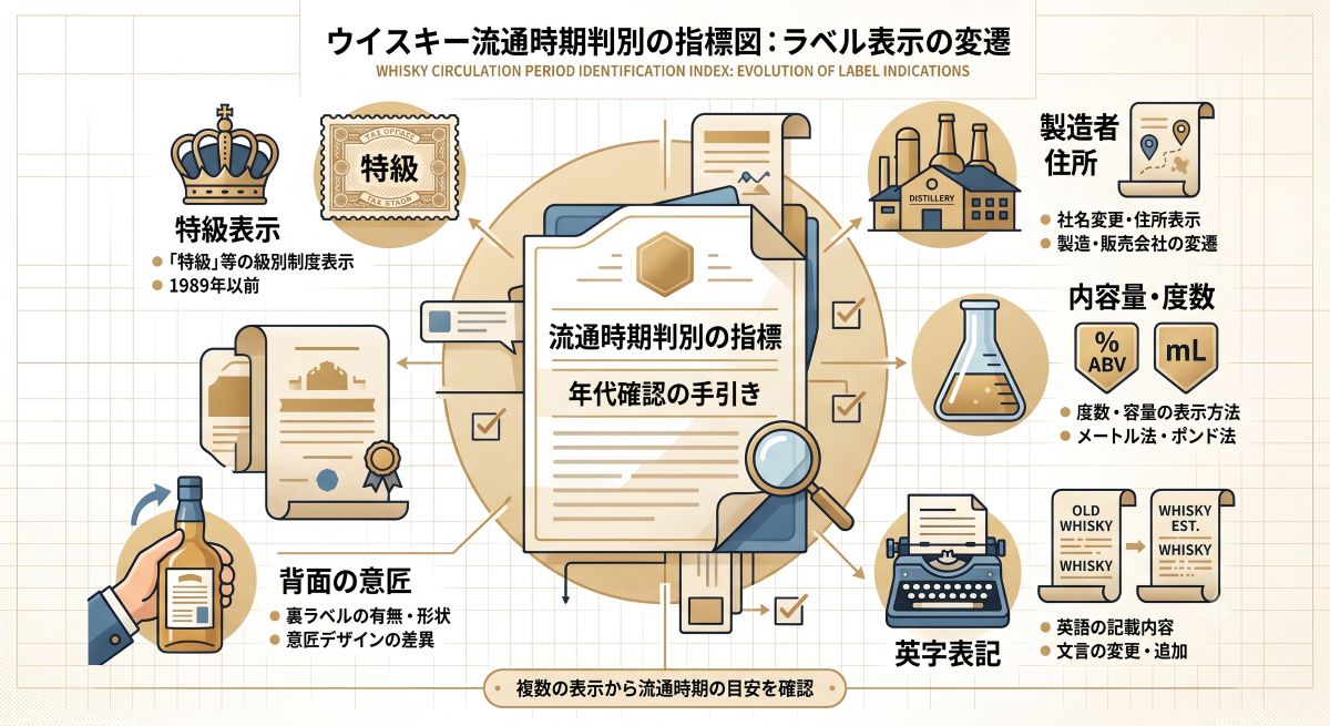 ウイスキーの年代を確認する特級表示、製造者住所、容量、英字表記、背面意匠を整理した資料風イメージ