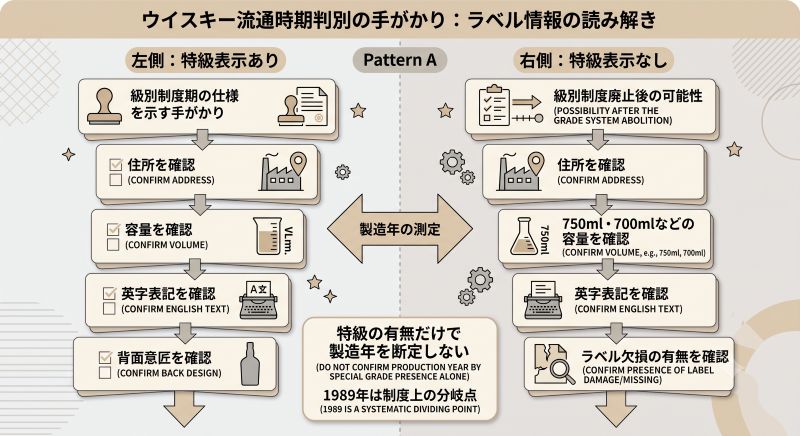 ウイスキーの特級表示がある場合とない場合に確認する住所、容量、英字表記、背面意匠を比較した資料風イメージ