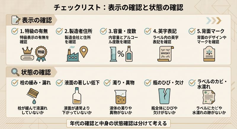 ウイスキーの年代確認に使う特級、住所、容量、英字表記、背面マークと長期保管時の状態確認項目を示すチェックリスト風イメージ