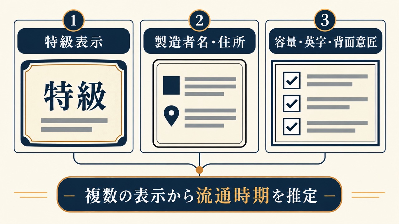 特級表示、製造者名・住所、容量・英字・背面意匠から流通時期を推定する図