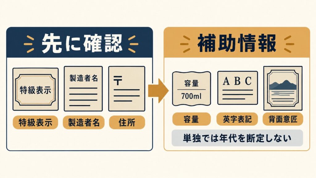 特級表示・製造者名・住所を先に確認し、容量・英字表記・背面意匠を補助情報として扱う図