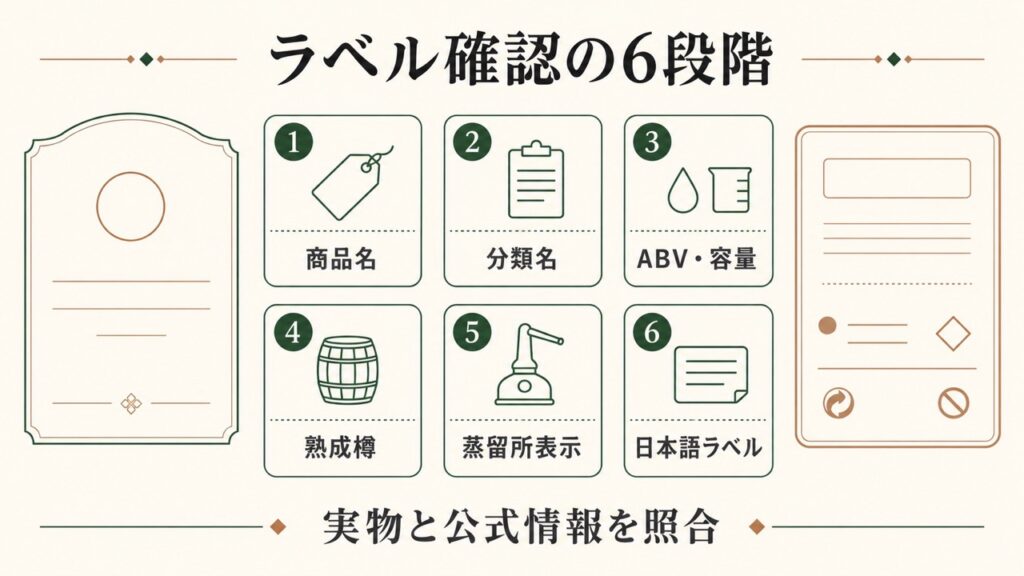 商品名・分類名・ABV・容量・熟成樽・蒸留所表示・日本語ラベルを確認する6段階の図
