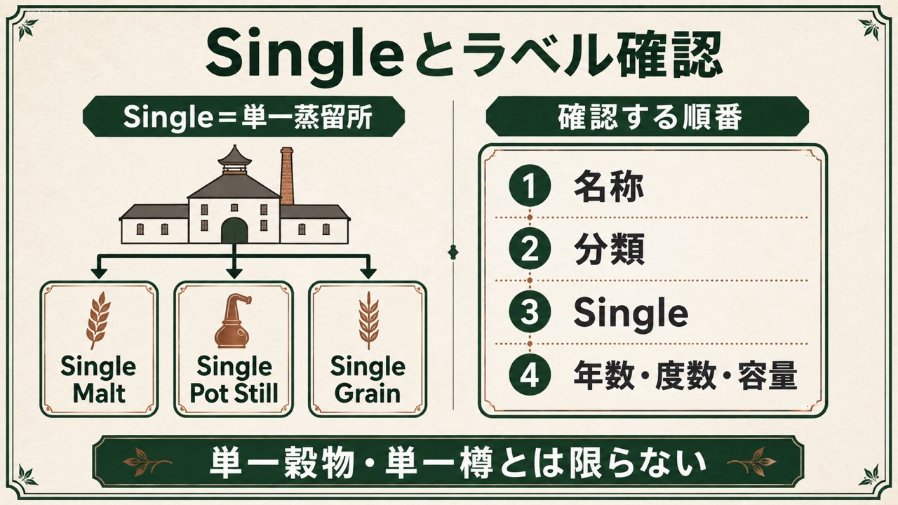 Singleが単一蒸留所を示すことと名称・分類・Single・年数・度数・容量の確認順序を示す図