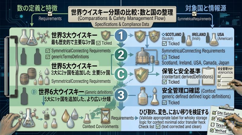 世界3大ウイスキー、世界5大ウイスキー、世界6大ウイスキーの違いを整理した比較図風イメージ