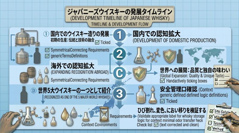 日本が5大ウイスキーに含まれるようになった背景を、国内での発展と海外での認知拡大の流れで整理した資料風イメージ