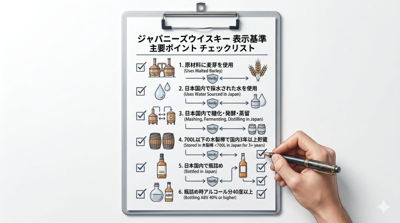 ジャパニーズウイスキーの表示基準として、原材料、国内製造、貯蔵、瓶詰め条件を整理したチェックリスト風イメージ