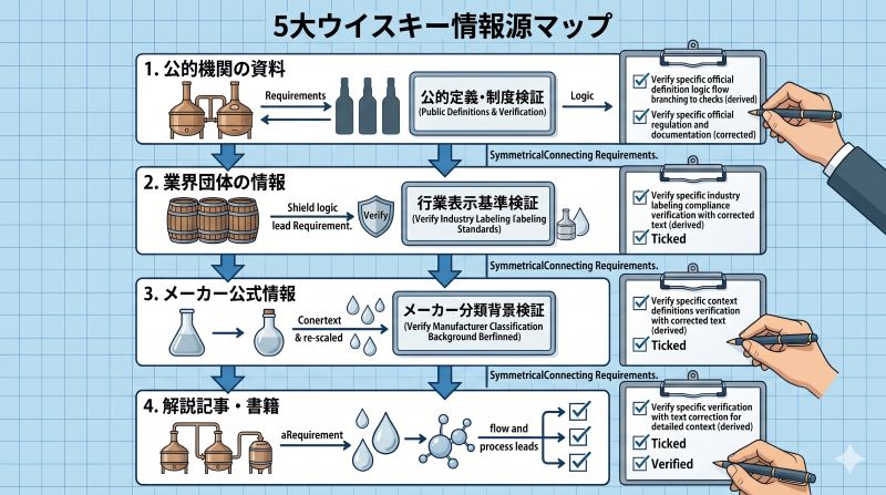 5大ウイスキーを調べるときに確認したい公的機関、業界団体、メーカー公式情報、解説資料を整理したフロー図風イメージ