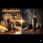 バーボンウイスキーとスコッチウイスキーのボトルが並べられ、それぞれの特徴的な原料（トウモロコシ、樽、ピートなど）と関連する風味を表す要素（甘いカラメル、スモーキーな煙など）が周囲に配置された、記事のテーマ「アメリカンウイスキーとバーボンの違い」を象徴するアイキャッチ画像。