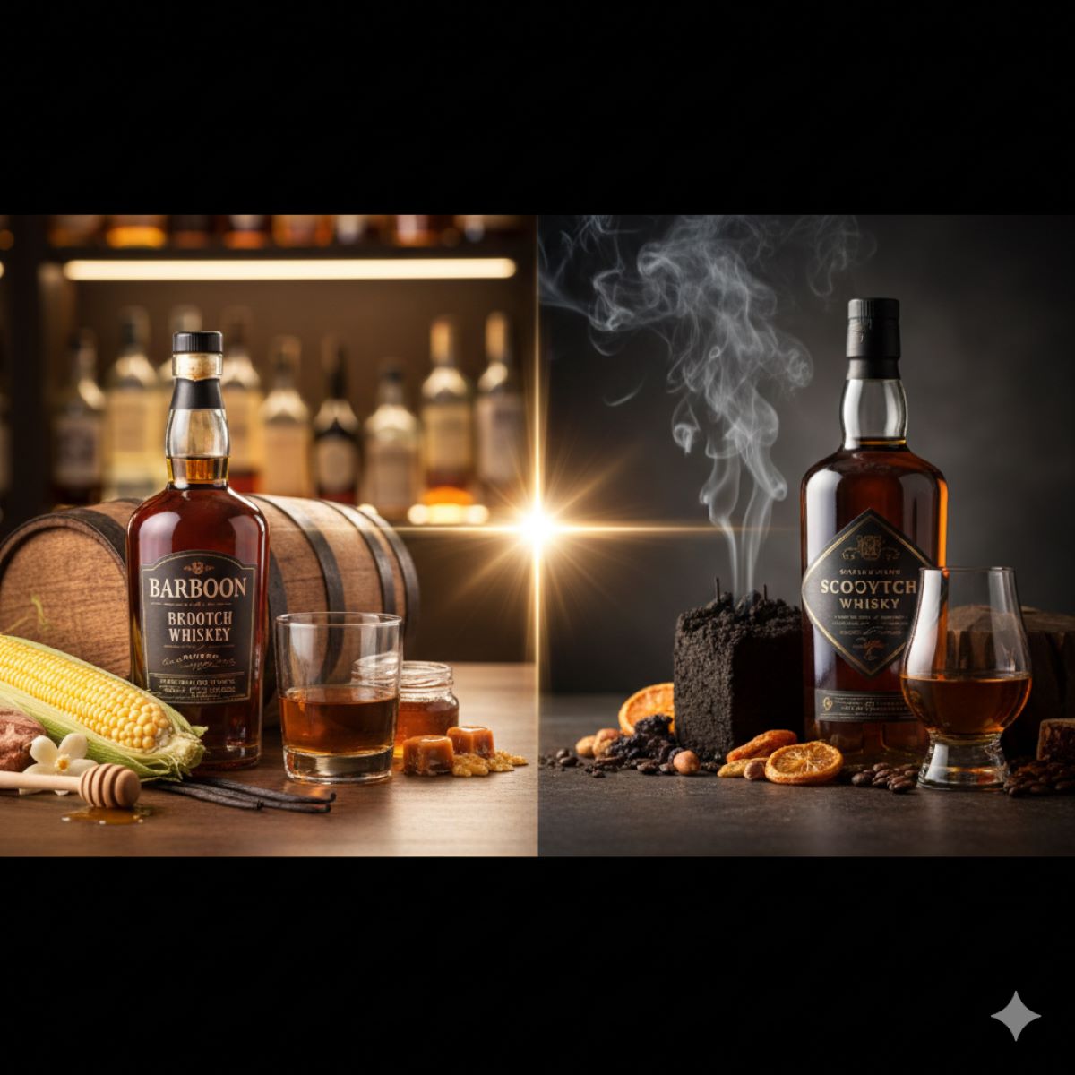 バーボンウイスキーとスコッチウイスキーのボトルが並べられ、それぞれの特徴的な原料(トウモロコシ、樽、ピートなど)と関連する風味を表す要素(甘いカラメル、スモーキーな煙など)が周囲に配置された、記事のテーマ「アメリカンウイスキーとバーボンの違い」を象徴するアイキャッチ画像。