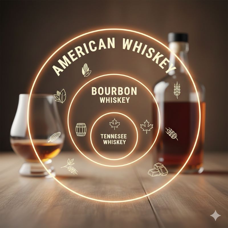 アメリカンウイスキーの全体像とバーボン、テネシーウイスキーの位置付けを視覚化したベン図。バーボンがアメリカンウイスキーの厳格なサブカテゴリーであることを示す。