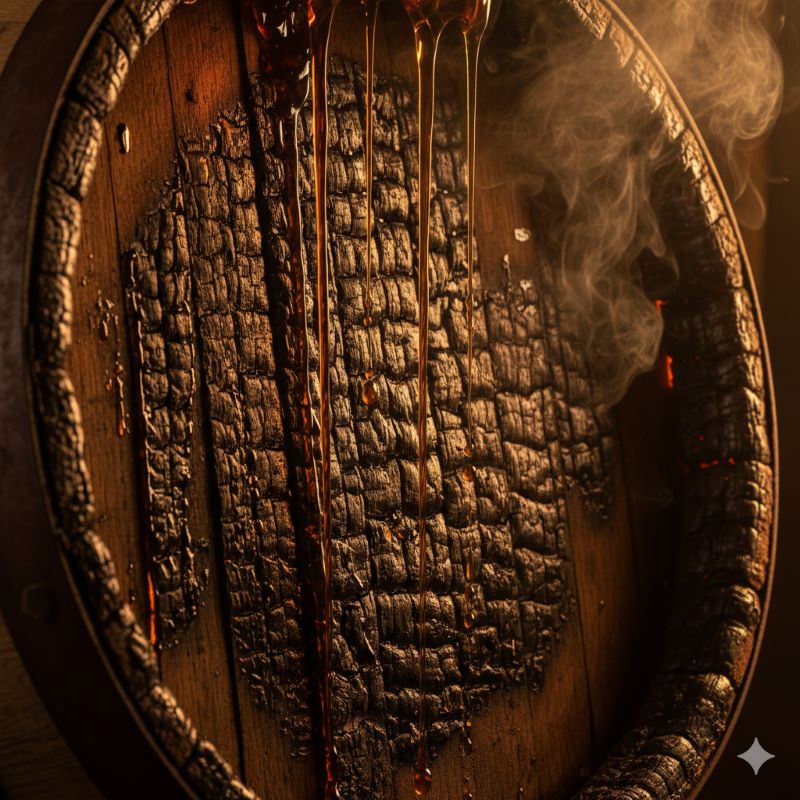 バーボンの製法で必須とされる、内側を激しく焦がした(チャーリングされた)新品のオーク樽をクローズアップで捉えた画像。バーボン特有の甘い香りと色を生み出す決定的な要素。