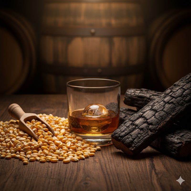 バーボンの主要原料である大量のトウモロコシの粒と、熟成に使用される焦がしたオーク材(チャーした樽材)を並べて配置した画像。バーボンの甘さと香ばしさの源泉。