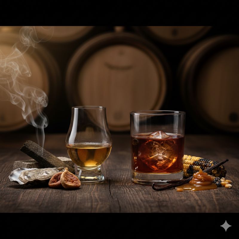 濃厚な琥珀色のバーボンと、より淡い金色のスコッチウイスキーの液色と風味の違いを対比させた画像。バーボンは甘い香りを、スコッチは複雑な香りやスモーキーさを象徴する小物と並んでいる。