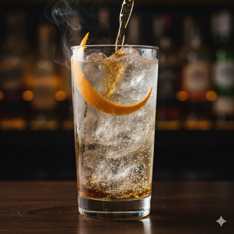 柑橘の皮が添えられた、氷の入ったグラスに注がれたバーボン・ハイボール。バーボンの甘さと爽快感が融合した飲み方を推奨する画像。