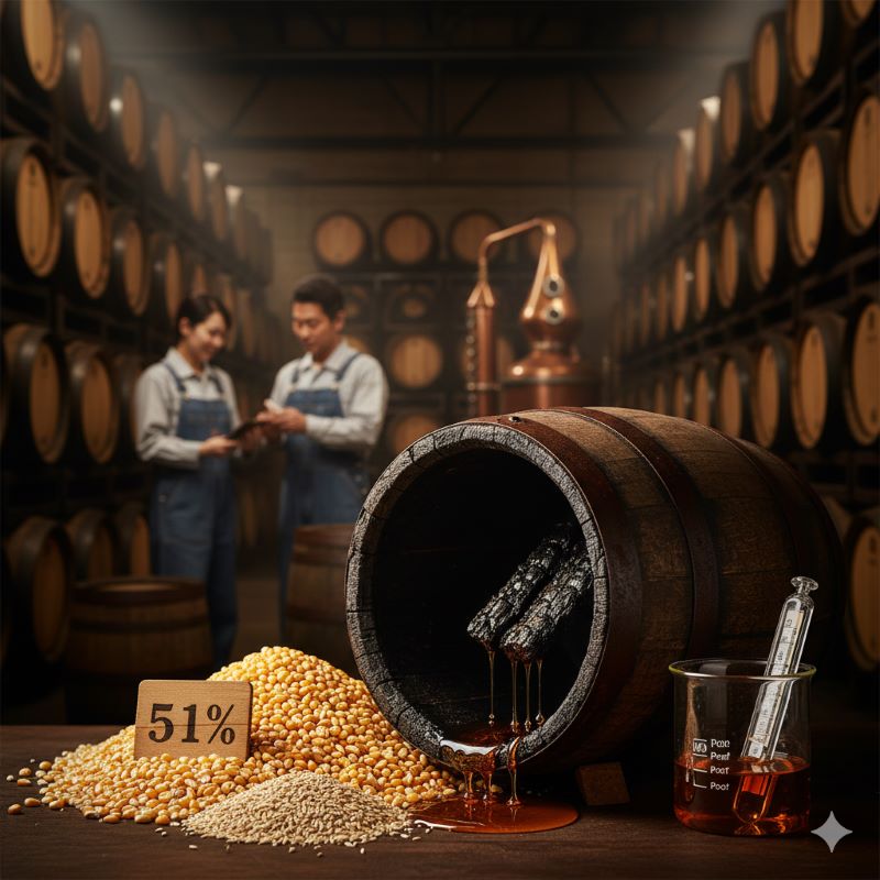 蒸留所の貯蔵庫で作業するアジア人(日本人)の男女を背景に、手前にはバーボンの主原料であるトウモロコシの山と「51%」と書かれた木製ブロックが置かれている。隣には内側を焦がしたオーク樽(バーボンの熟成樽)が横たわり、そこから琥珀色の液体が滴り落ち、ビーカーには温度計が挿されたウイスキーが入っている。
